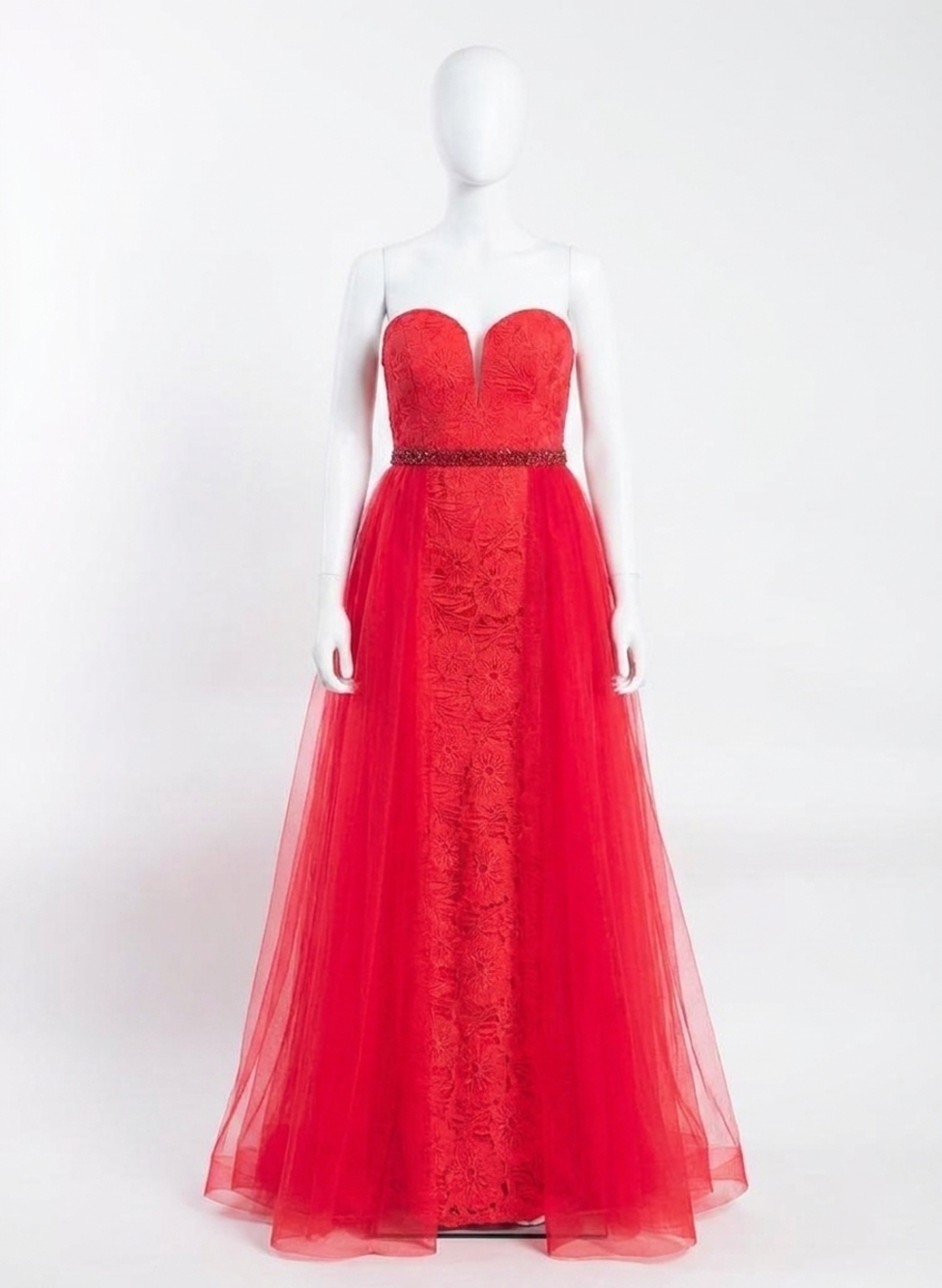 NEW RACHEL ALLAN strapless lace floral prom dress with overskirt in red